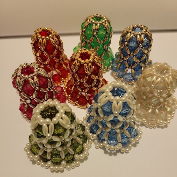 Handmade Other - 8 Vintage 1980's Pearl Beaded Handmade BELL CHRISTMAS ORNAMENTS green blue red